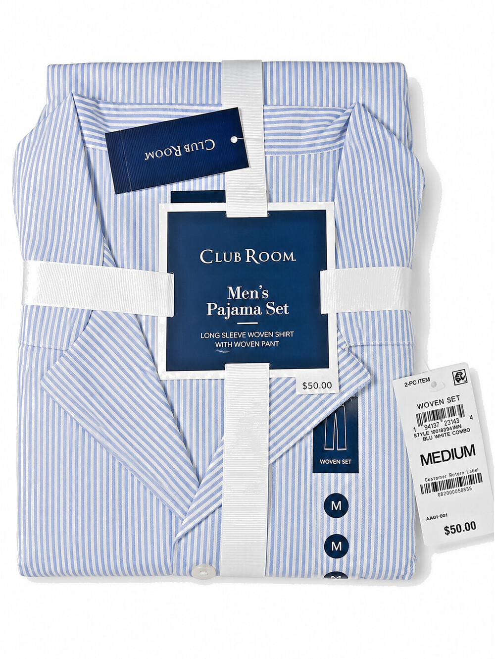 Club Room Men's Sz M Blue& White Striped Pajama Set Long Sleeve Shirt Pant NWT